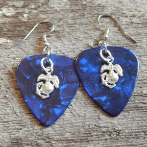 BLUE US MARINE GUITAR PICK EARRINGS with SILVER GLOBE AND ANCHOR CHARMS